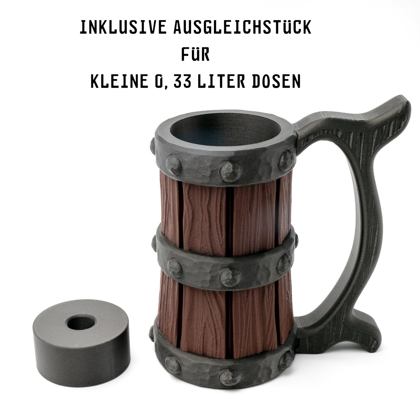 nachempfundener "Holzbierkrug" für Getränkedosen in den Größen 0,5 und 0,33 Liter
